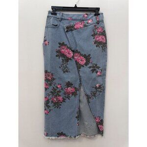 Floral Print Cropped Top Crisscross Waist Thigh-high Slit Jeans Skirt Size S/M